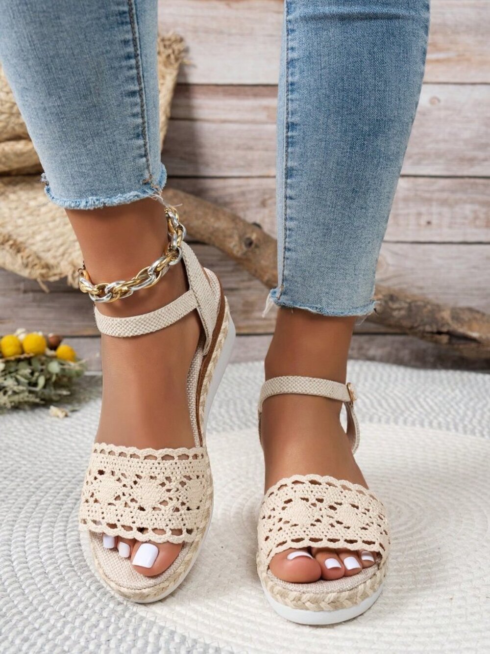 Beige Wedge Heel Women's Rope Woven Open Toe Minimalist One-Buckle Sandals